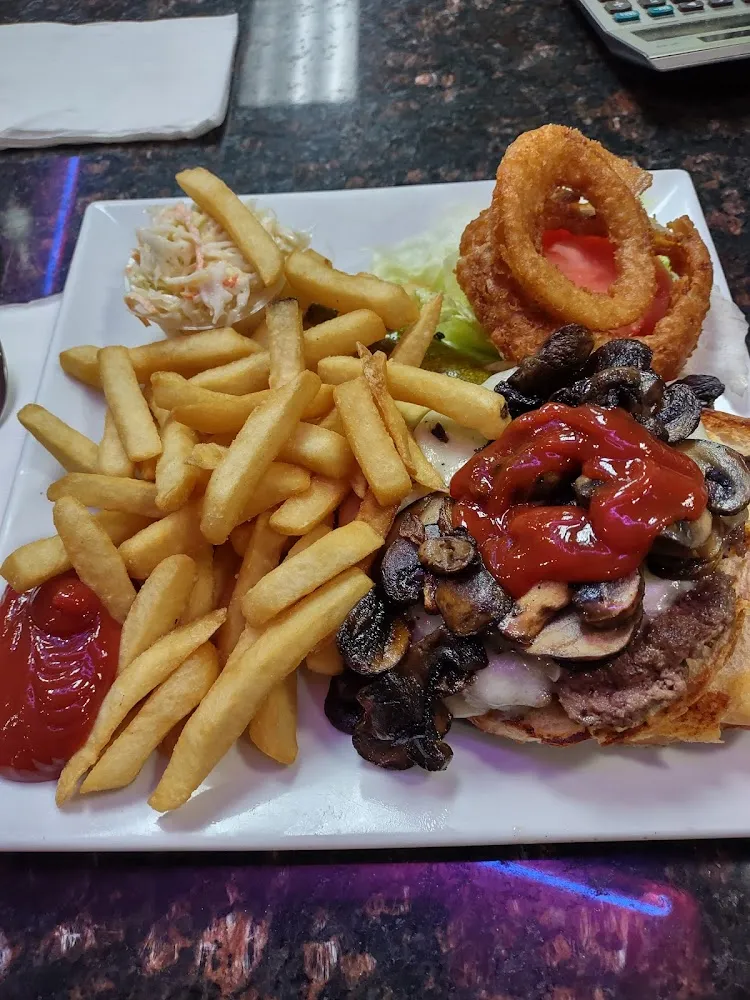 Mushroom Swiss Burger and Fries